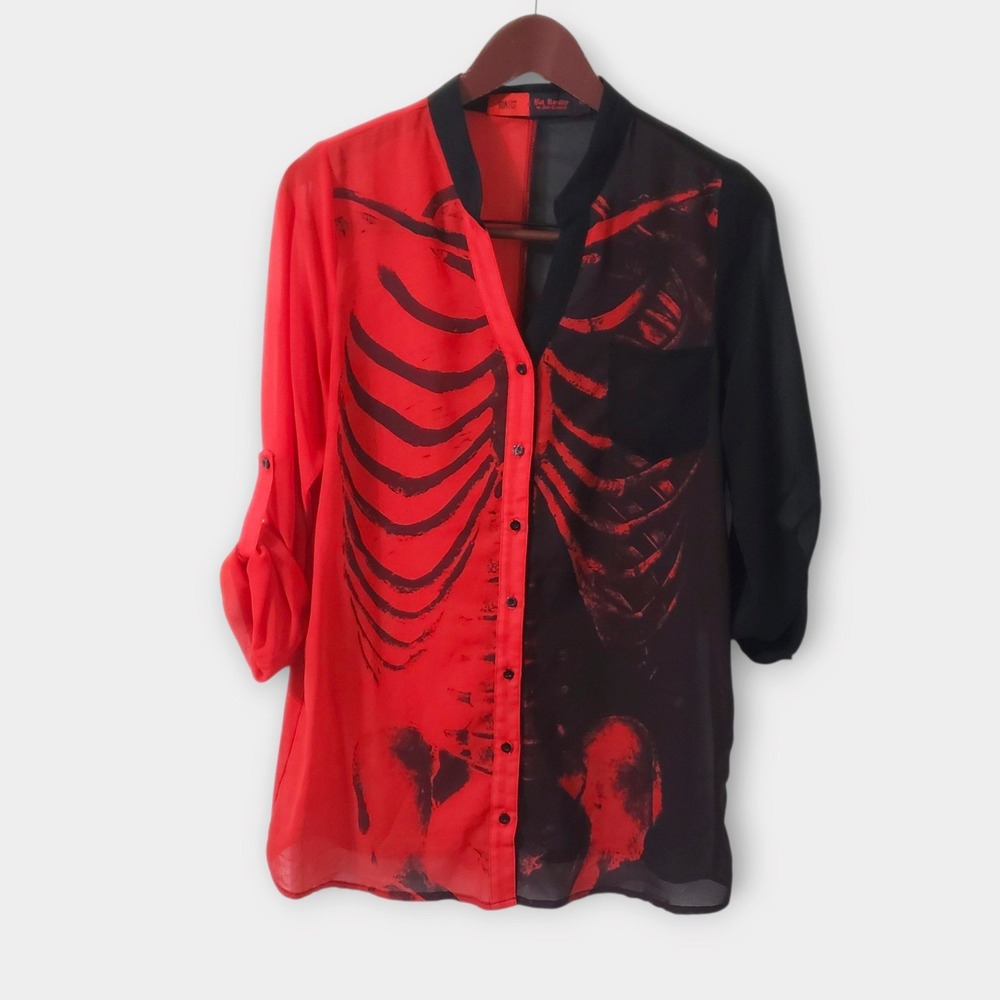 Iron Fist x Bat Royalty Ash Costello Ribcage Sheer Chiffon Shirt Red Black M